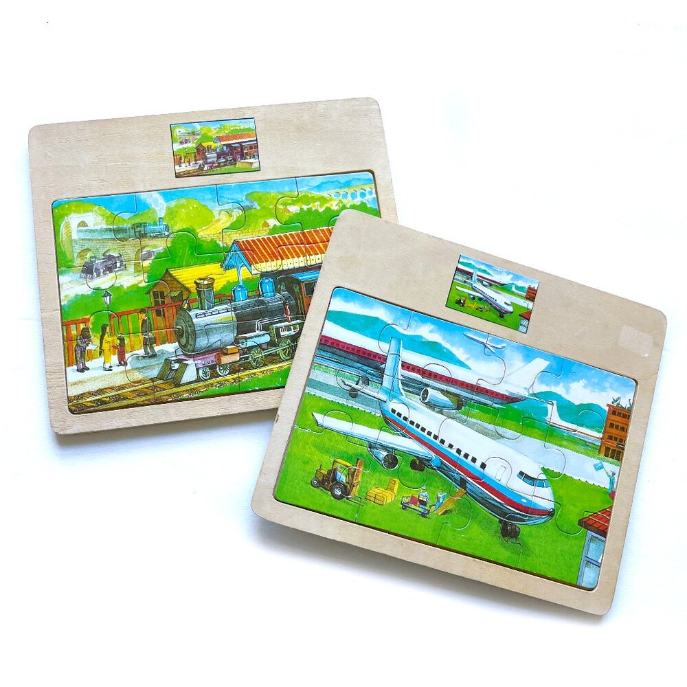 Vintage Wood Puzzles Transportation Travel Motif Lot of 2